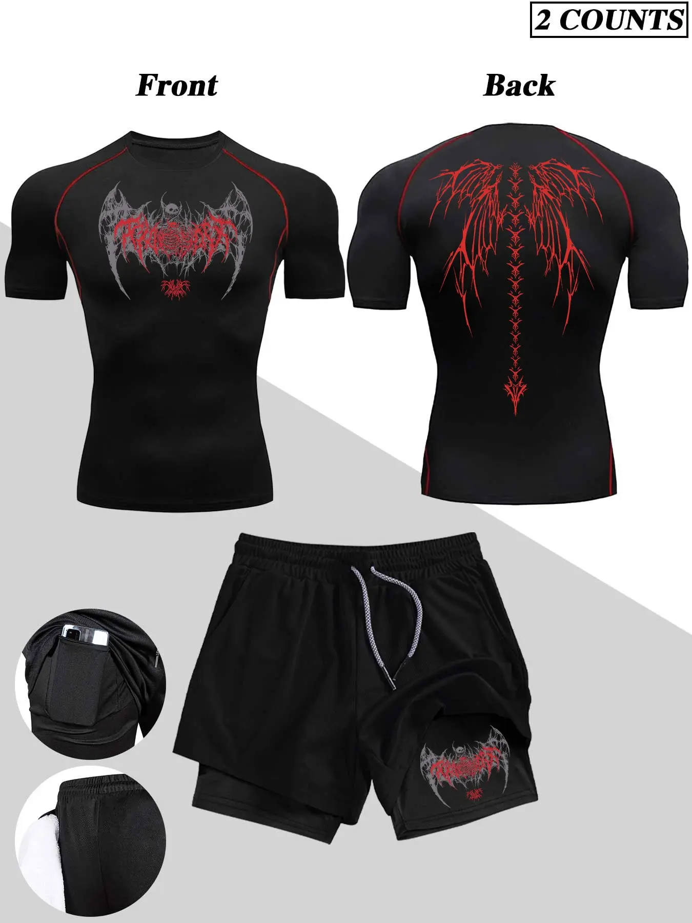 Men's Sporty Fitness Set, Gothic Skull Print Tight Shorts and T-Shirt, Wings Pattern Quick-Dry Elastic Round Neck Top, Ideal for Running and Training, Fitted Sportswear Set, Fitness Clothing, Gym Workout Sportswear