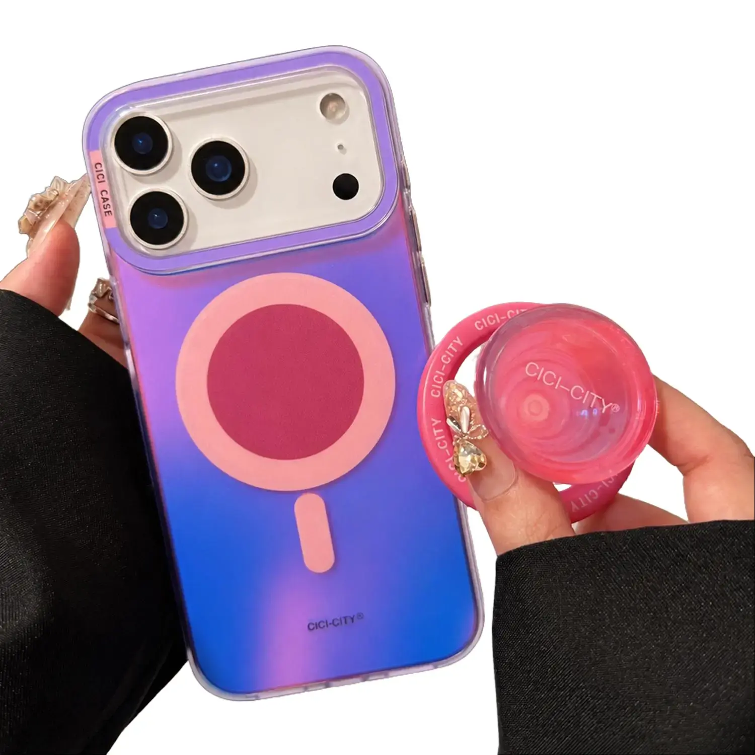 Iridescent Holographic Magnetic Phone Case for iPhone 17/16/15 Pro Max - Glitter Color-Changing MagSafe Compatible Shockproof Casing with Removable Stand, Protection Accessories for Women
