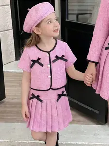 Elladie kids Young Girls 2pcs Set: Plaid Print Round Neck Short Sleeve Jacket With Pearl Button & Bow Decor, Paired With Pink Pleated Skirt, Suitable For Party, Gathering, Birthday, Princess Style, Summer Skirt Suit For Kids Pink Business Outfit For Kid L
