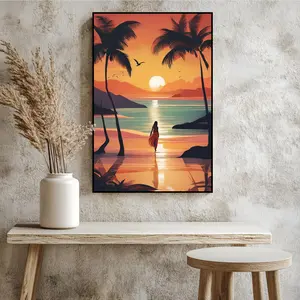 Serene Sunset Beach Canvas Print Tropical Palm Tree Wall Art with Silhouette Figure and Golden Hour Lighting Coastal Decor for Living Room Bedroom and Home Office Relaxing Beach Housewarming Gifts