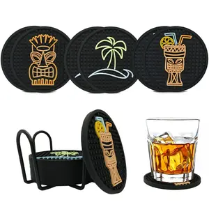 Tiki Bar Coasters Set of 6 with Holder – Black Drink Coasters for Coffee Table, Outdoor Patio, and Home Bar – Unique Cup Coasters for Mugs, Glasses, and Beer Bottles Tableware