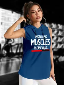 Women's Sleeveless Hooded Tank Top with Letter Print, Fashionable Casual Sportswear Yoga Sports Vest for Summer Outdoor Activities