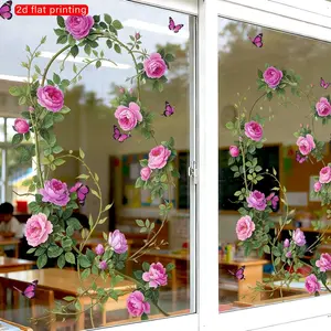 1pc 2D Printed Fresh Pastoral Style Rose Vine & Butterfly Window Sticker, Creative DIY Self-Adhesive Removable Double-Sided Visual PVC Glass Decal, for Living Room Bedroom Dining Room Study Bathroom Door & Window Glass Decoration