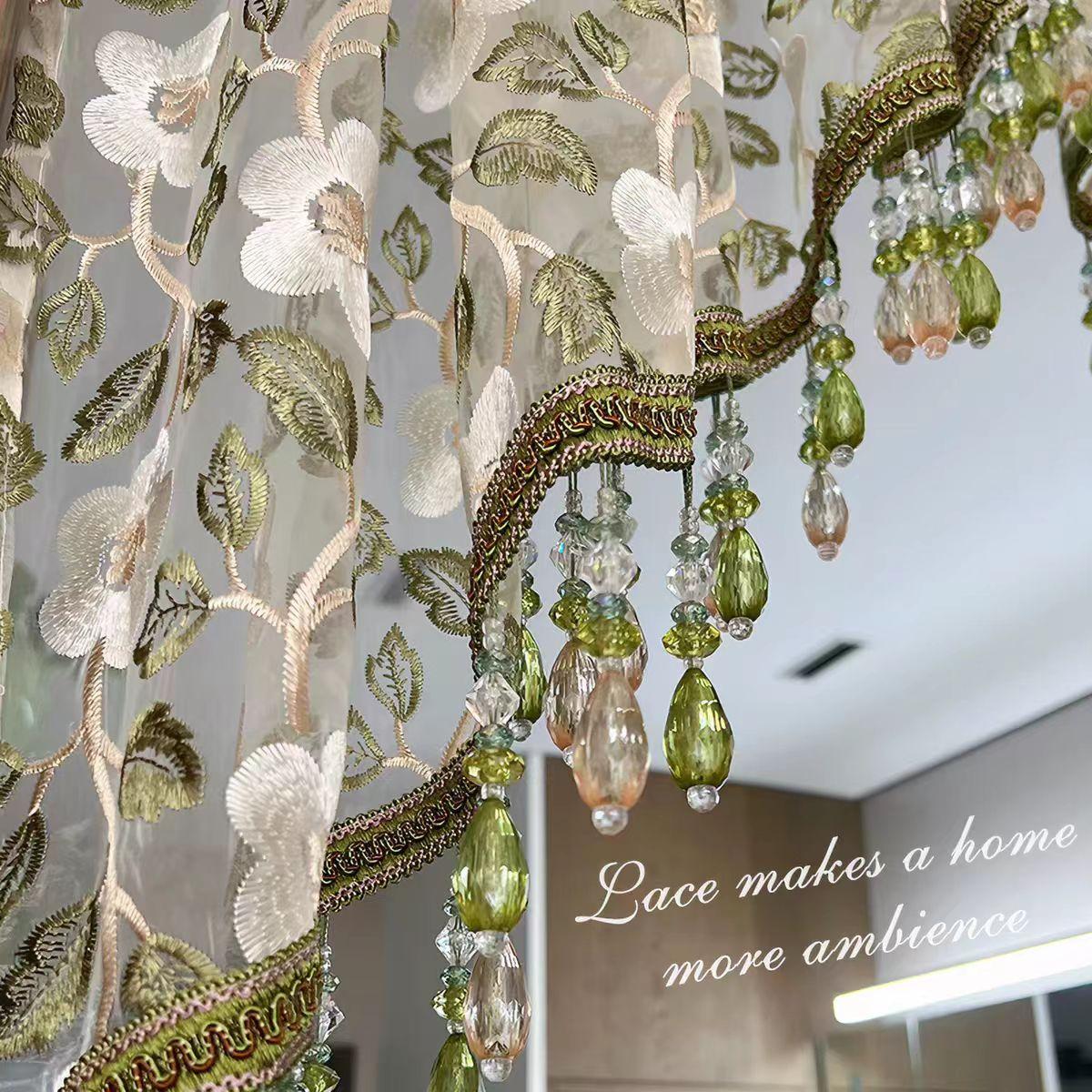Bohemian Unisex Sheer Lace Home Decoration Curtain - Beaded Fringe Window Hanging, Light Privacy Room Divider Curtain for Bedrooms, Renters, Bead Curtains