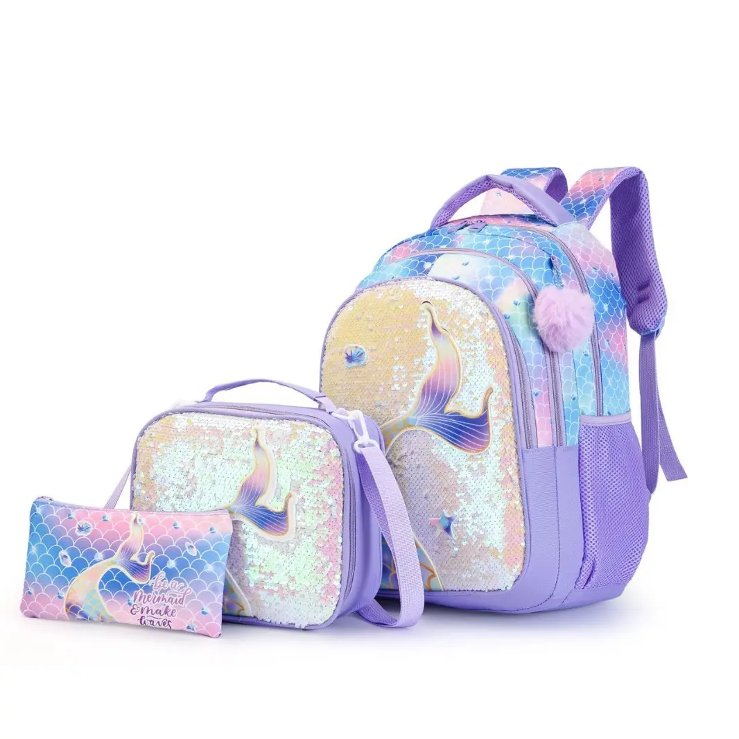 3Pcs Kids Mermaid Sequin Backpack Set, 43 cm Large Capacity Girls Cartoon Mermaid Tail School Bag with Lunch Box Pencil Case, Glitter Flip Sequins Water Resistant Bookbag for Elementary Students