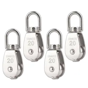 4PCS M20 Single Pulley Snatch Block, 304 Stainless Steel Swivel Hook Lifting Crane Pulley with 1/4" Rope 3/4" Sheave fishhooks
