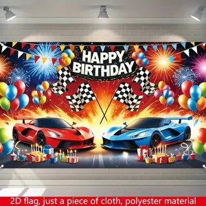 Cartoon Racing Theme Polyester 2D Flat Birthday Decoration Banner, 1pc Red & Blue 180cm*110cm/70.8in*43.3in Banner with Balloon Accents, Festive Room Backdrop for Party Supplies,summervibes