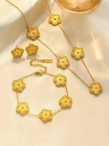 women's flower design necklace & stud earrings & bracelet, valentine's day gift, elegant jewelry set for party, daily decor, trendy all-match & exquisite jewelry for birthday gift, cute jewelry