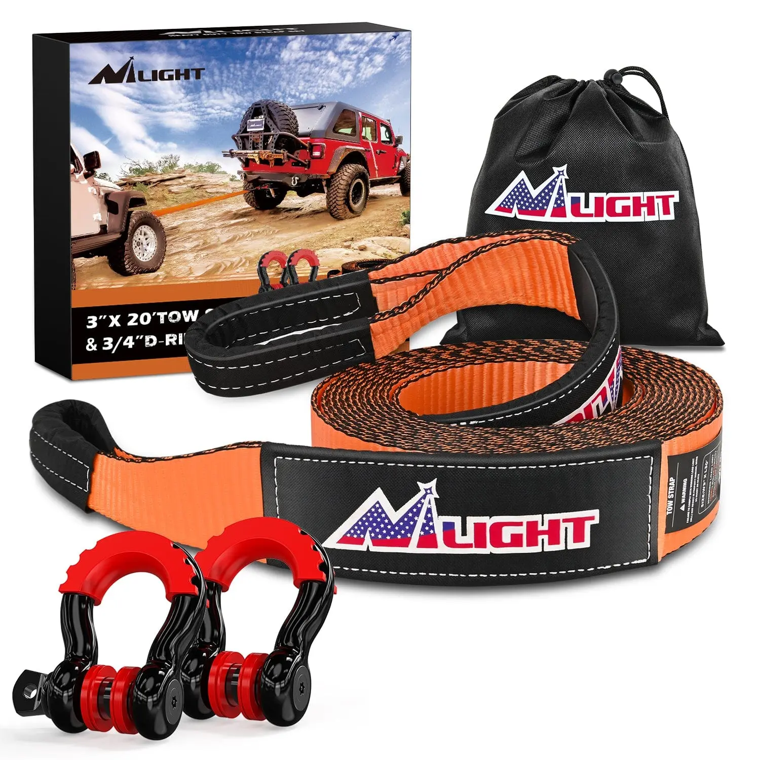 Nilight 3 x 20Inch High-Strength Pull Emergency Recovery Tow Strap, Polyester Fiber, Includes Anti-Theft D-Ring Shackle & Storage Bag