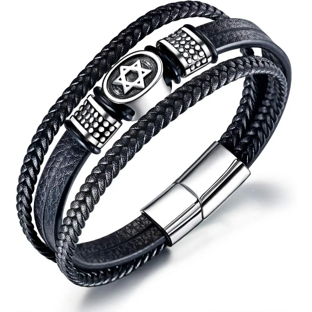 Mens Black Leather Cuff Bracelet Multi-Layer Braided Leather Magen Star of David Bracelet Jewish Jewelry
