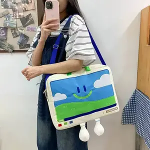 Unisex Smiley Face Rectangular Shoulder Bag - Casual Big-Capacity Embroidered Versatile Fashion Bag for Students, Laptop-Safe Accessory, Rectangular Shape