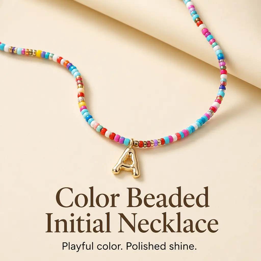 Colorful “A” letter necklace for women, cute colorful bead pendant necklace (suitable for summer beach), personalized design, Bohemian-style colorful letter necklace, personalized bubble necklace, fashionable necklace, jewelry gift for women