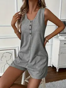 Women's jumpsuit, Button front romper, buttonless jumpsuit without cuffs/pockets/U-neck sleeveless overalls, A-line style/waffle/comfortable and loose fit, versatile and slimming, suitable for outdoor sports and casual commuting in summer and autumn