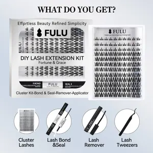 FULU Cat Eye Lash Clusters Kit Waterproof Long-Lasting Beginner Friendly Wispy Fluffy DIY Extensions with Bond Seal Remover Tweezer