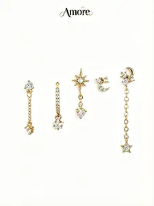 Star Moon Dangle Huggie Mini Hoop Earrings, Sterling Silver Color, Chain, Boho Style, Pack of 5, Trendy Jewelry for Women