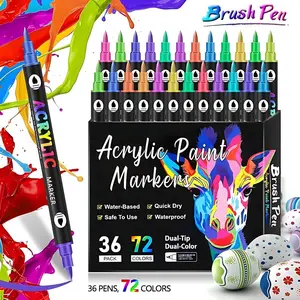 Acrylic Paint Markers Dual Tip Fine & Brush Nibs Non Toxic Waterproof Pigments for Rock Wood Canvas Glass Art Drawing Tools DIY Craft Supplies Gift Creative Tool for School Projects Classroom Activities School Essential Office Fun Brush Tip Color Marker