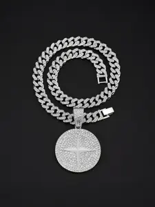 Hip Hop Star Burst Round Pendant Necklace, Alloy Cuban Rope Chain Zircon Jewelry, Street Style Art Culture Accessory, Unisex Fashion Gift