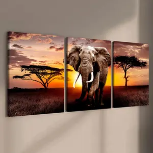 3 Counts Wooden Framed Canvas Painting, Majestic Elephant Sunset Landscape Images, Exquisite Poster, Perfect Living Room Decoration, Modern Art, Fashion Family Poster, Wall Art Decoration, Waterproof Art, Modern Home Decor