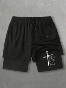 Men's Two-Piece Style Shorts, Athleisure Street Shorts, Cross Religious Element, Summer Fashion Casual Wear, Comfortable Sportswear for Daily Use