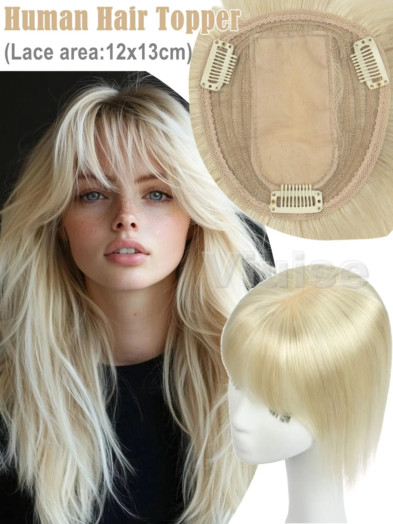 12x13cm Clip In Hair Toppers With Bangs, Women's Full Bangs Hair Extension, Hair Clip Extensions, Extension Hairpiece, Real Human Hair Pieces for Top Volume & Covering White Hair, Suitable Daily Use/Party Styling