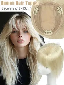 12x13cm Clip In Hair Toppers With Bangs,Women's Full Bangs Hair Extension, Real Human Hair Pieces for Top Volume & Covering White Hair, Enhance Your Look Naturally，Highlight Natural Hair Toppers,Sutiable Daily Use/Party Styling