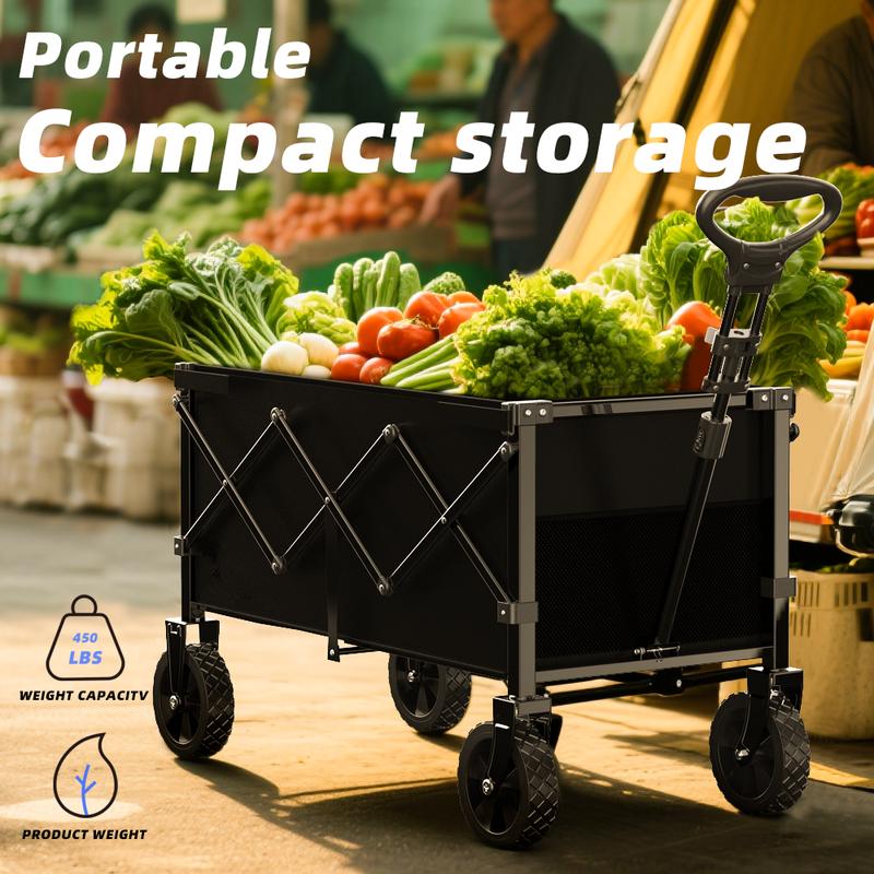 Heavy-Duty Foldable Utility Wagon with 360° Wheels & Adjustable Handle 450LBS Capacity Portable Cart for Groceries Camping Beach Folding Trolley