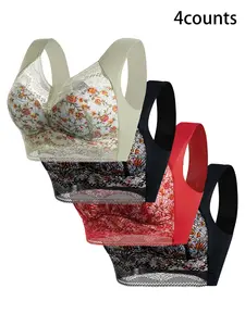 Women's Lace Wireless Bra Set, Comfortable Ditsy Floral Design, Thin Min Support Lingerie, All Season Wear, Slim-Fitting Buckleless Bras