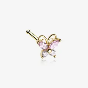 Golden Dainty Butterfly Rose Sparkle Multi-Gem Nose Stud Ring 316L Stainless Steel Gold Plated 20GA Piercing Jewelry