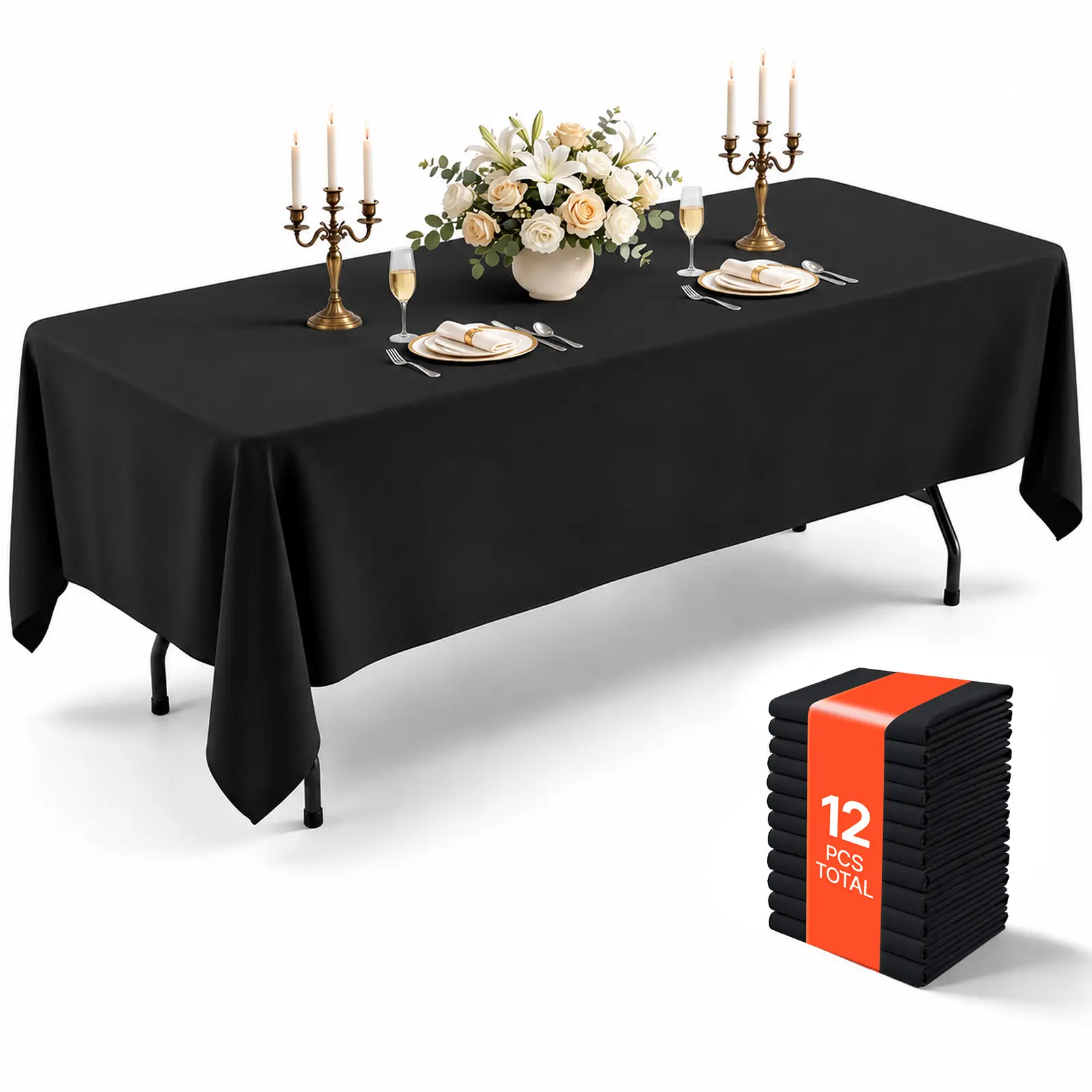 VEVOR Rectangular Tablecloths, 60 x 102 in 12 Pack, Black Polyester Covers, for Party Wedding Banquet Festival, Washable, Reusable Table Cloth with Brushed Fabric, Neat Hems, Smooth Drape