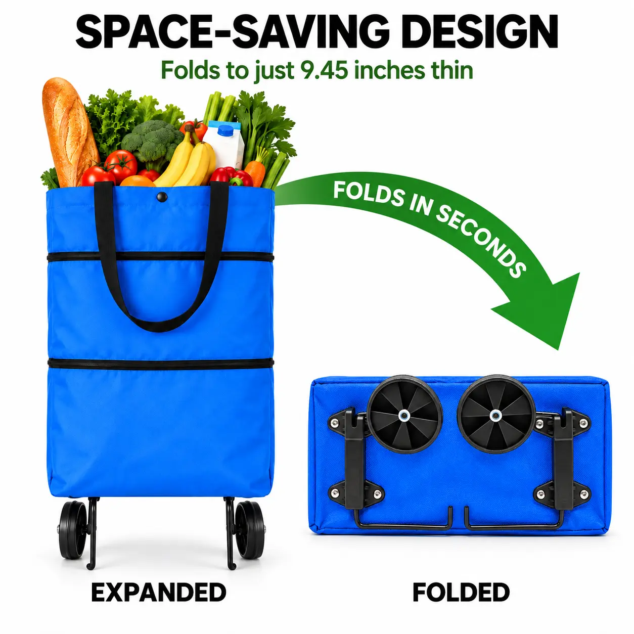 Oxford Fabric Foldable Rolling Shopping Bag with Rolling Wheels, Portable Lightweight Reusable Large-Capacity Bag for Hiking, Grocery Runs