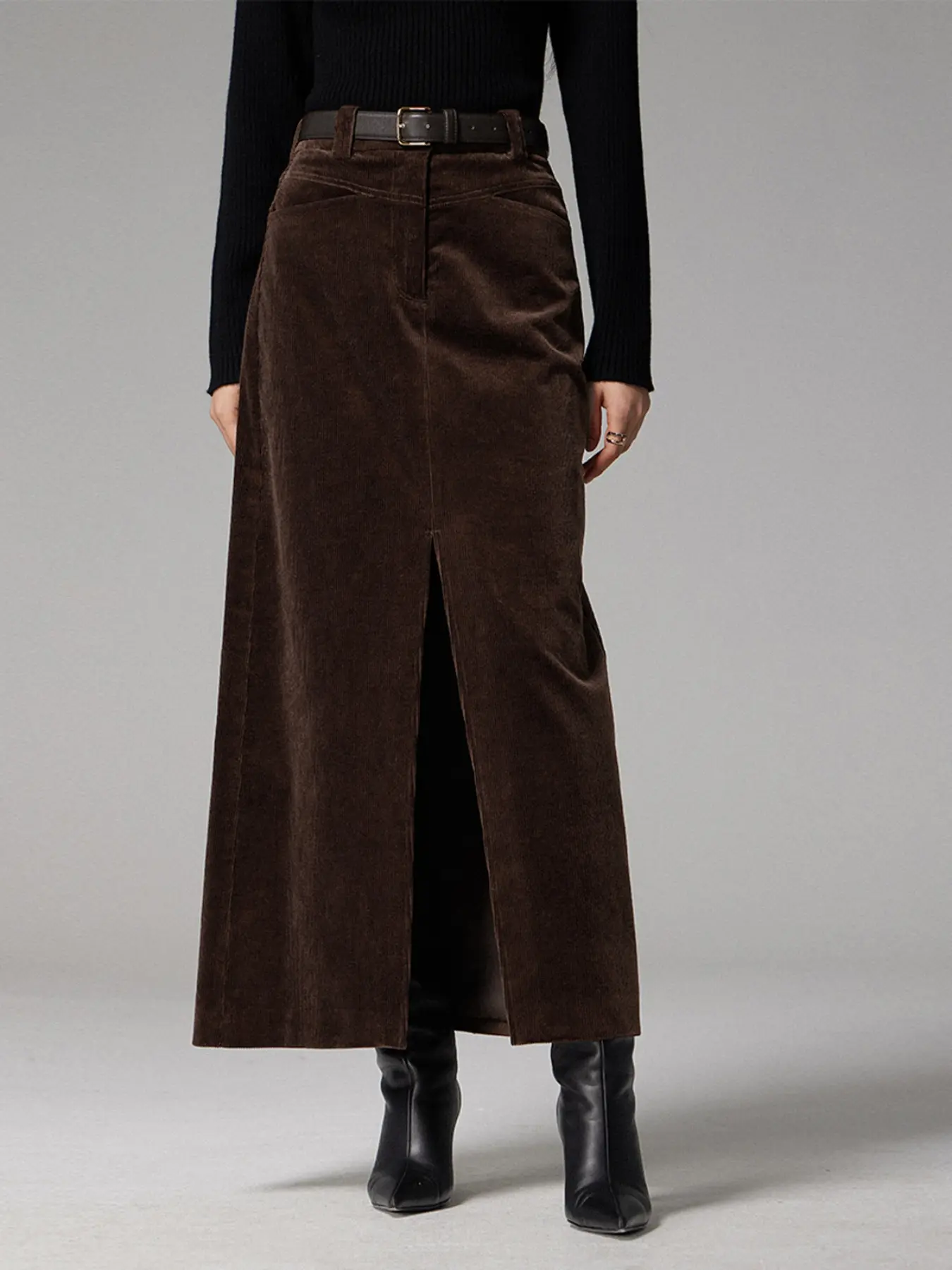 Elegant Women's Vintage High Waist Soft Corduroy Bottom Office Skirt, Mid-Length H-Line Split Design, Elastic Waistband, Perfect for Everyday Wear Fall & Winter