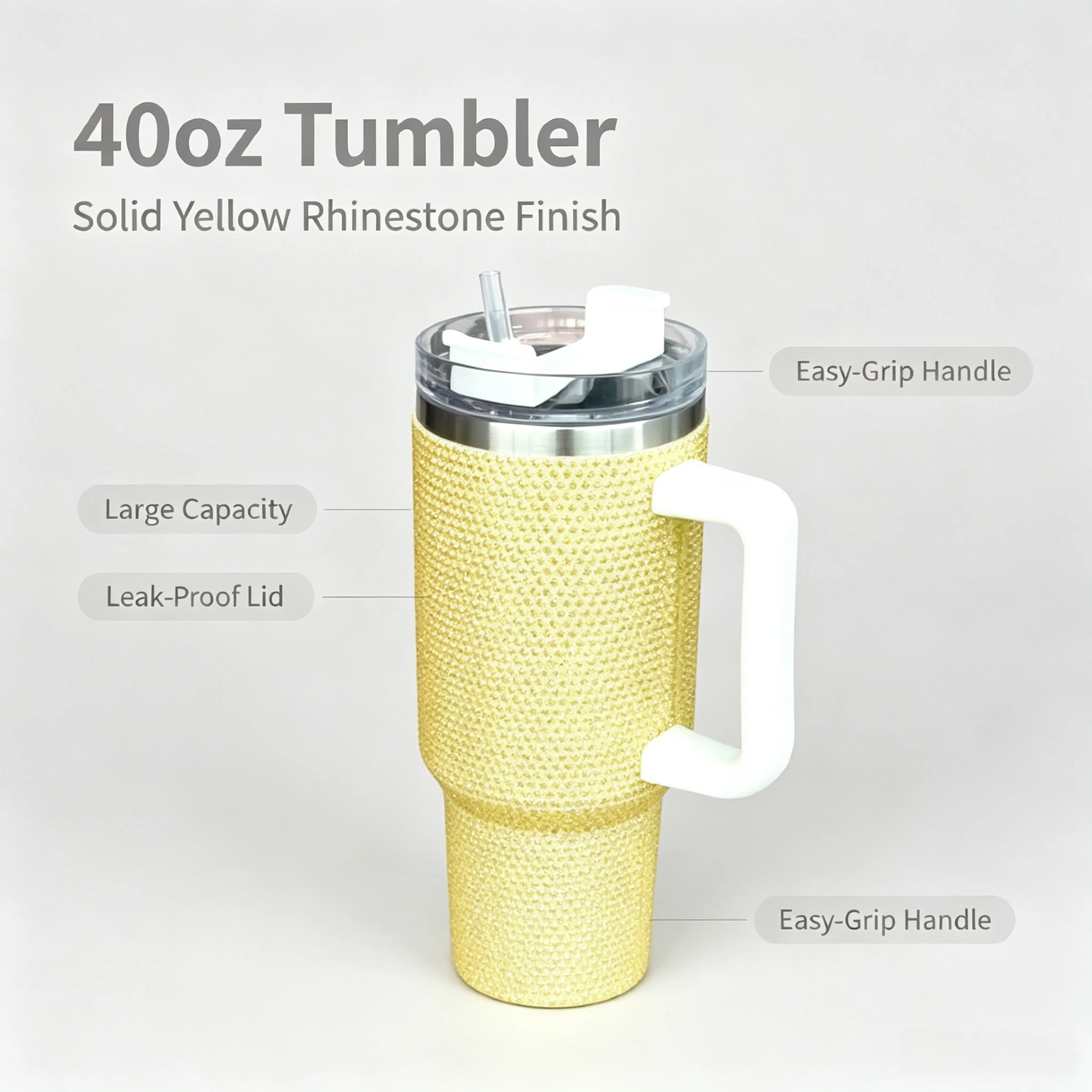 40 Oz Sparkly Yellow Rhinestone Tumbler with Handle and Straw Lid - Luxury Bling Stainless Steel Insulated Travel Coffee Mug, Reusable Leak-Proof Water Cup, Ideal Gift for Women, Daily Use