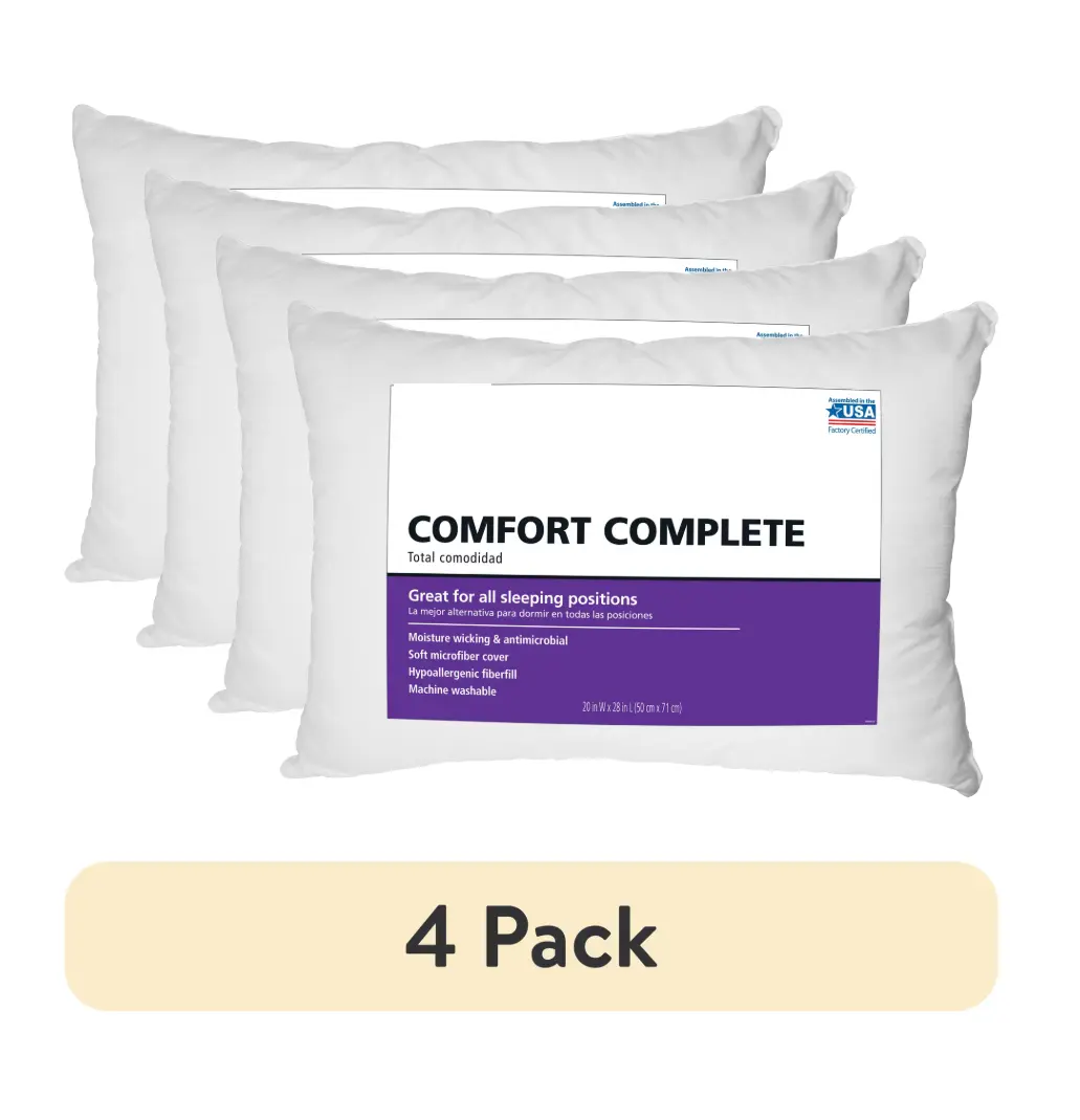 S/Q Comfort Complete 4 Pack Pillows - Soft Microfiber Cover, Hypoallergenic, Machine Washable, Great for All Sleeping Positions