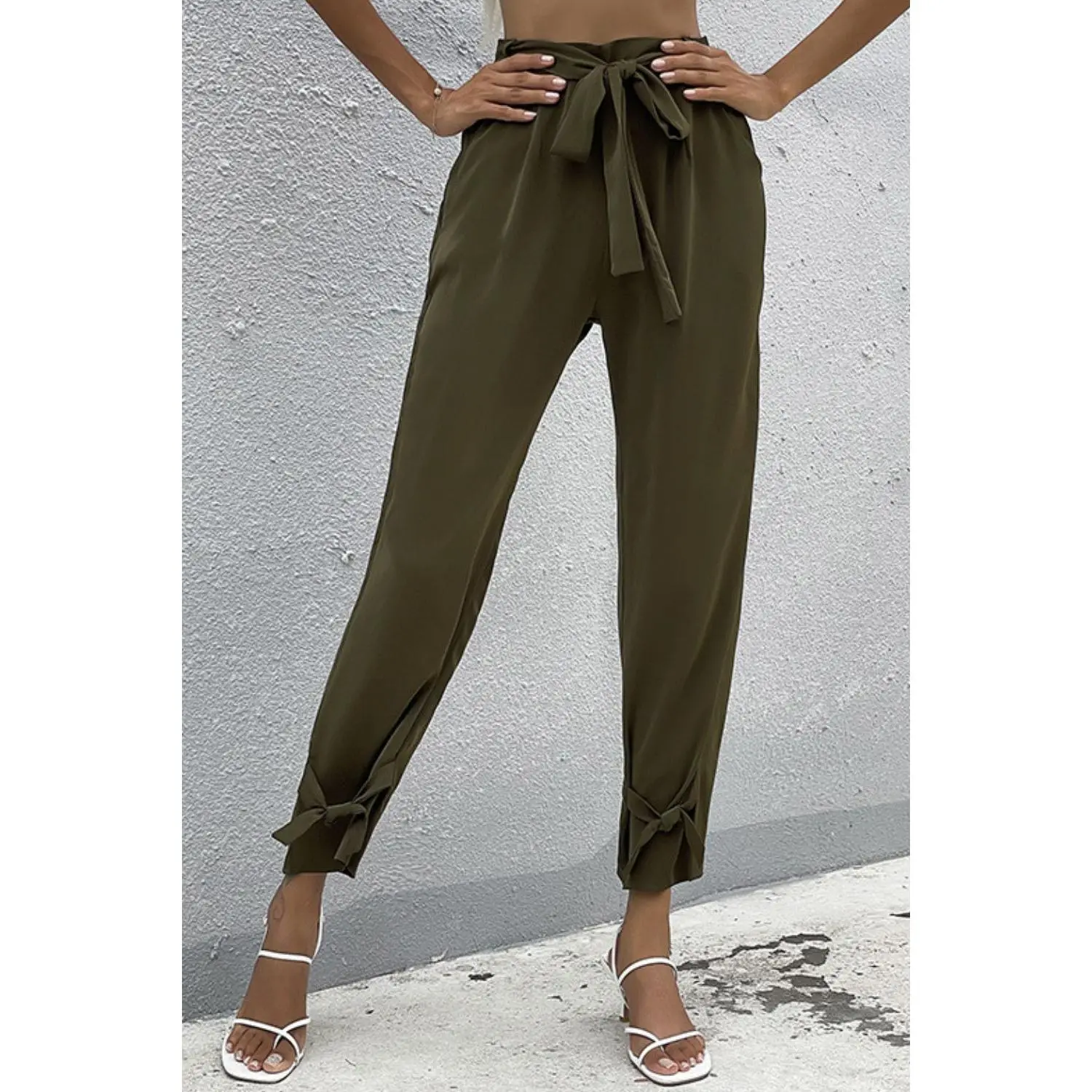 Tie Detail Belted Pants with Pockets