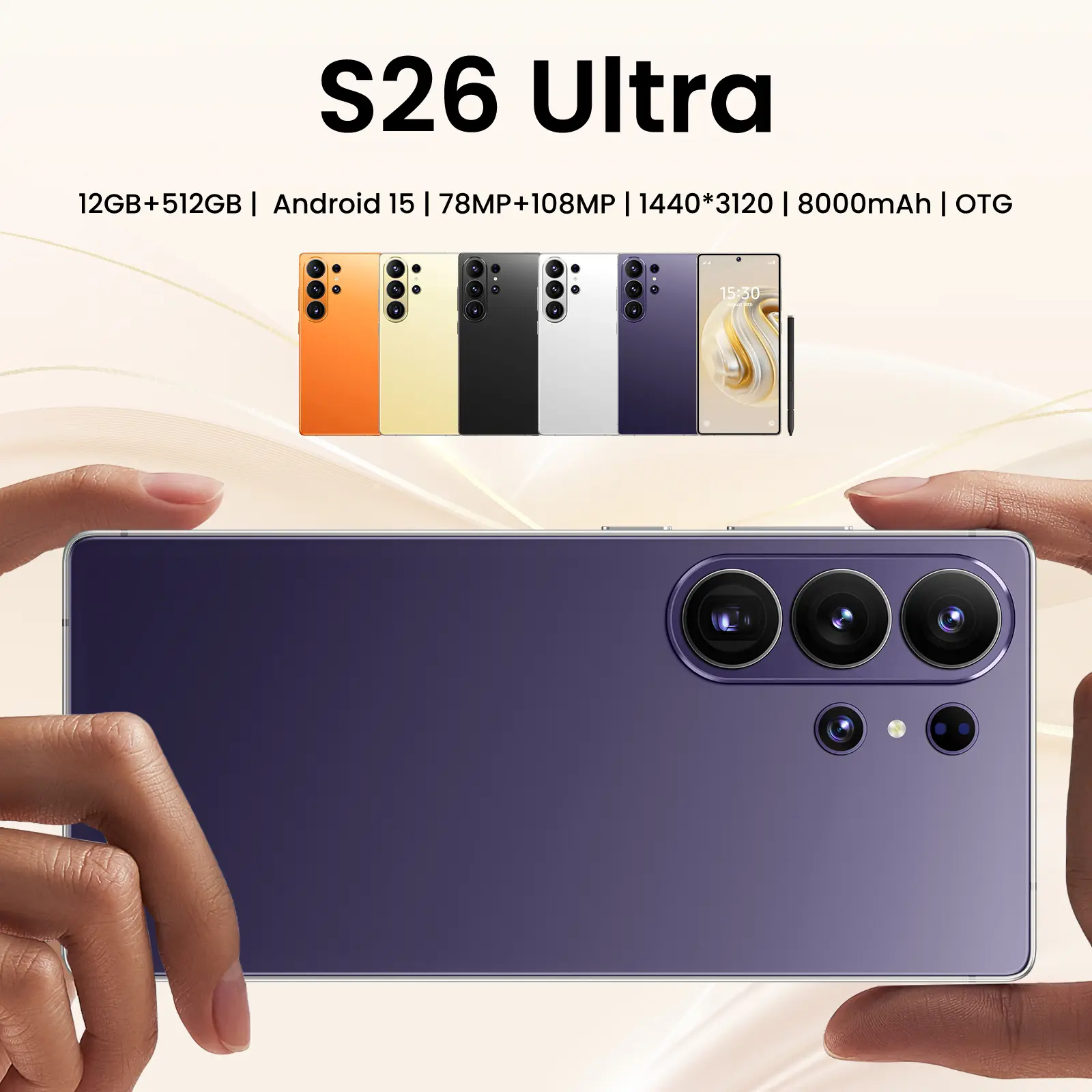 2026 New S26 Ultra 5G Android 15 Phone, 12GB RAM, 512GB Storage, 8000mAh Battery, 78MP+108MP Dual Camera, Face Unlock, Dual SIM, Full Kit