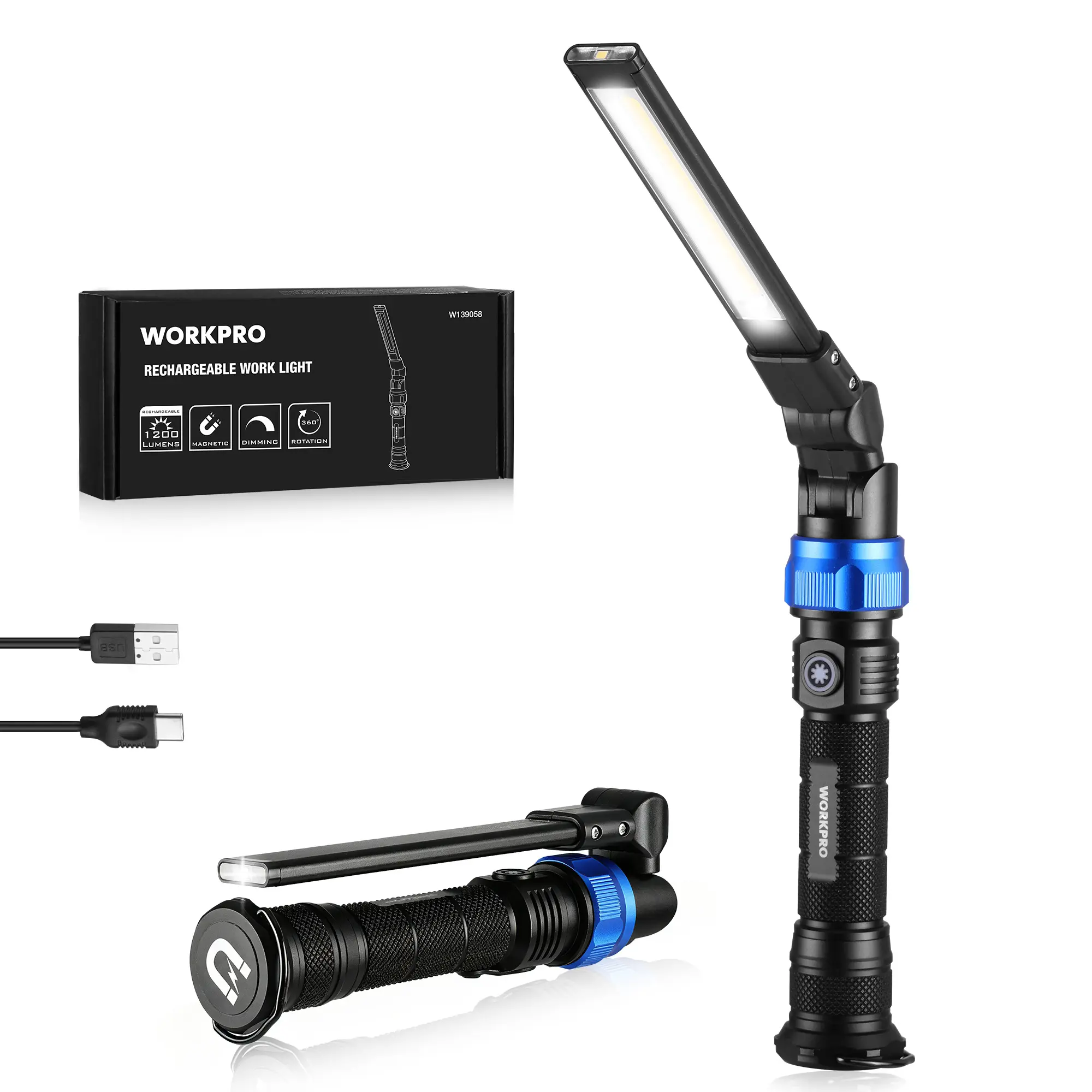 #backtoschool WORKPRO Magnetic LED Work Light, 3200mAh Foldable Rechargeable Flashlight, Mechanic Light with 360° Rotation & Dimming Mode, Portable 1200LM Flood Light for Camping, Repair, Emergency, 4 Modes, 1 Pack