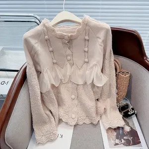 2025 Autumn Winter Lazy Slimming Apricot Knitwear Fitted Long Sleeve Cardigan Top for Womenswear Minimalist Basic Knitted Sweater