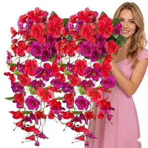2 Pcs Fake Hibiscus Flowers Artificial Hanging Flowers Plants Outdoors Realistic UV Resistant Spring Summer Decor Red Pink Silk Faux Hibiscus Flower Trailing Vines for Front Door Porch Outside Peonies