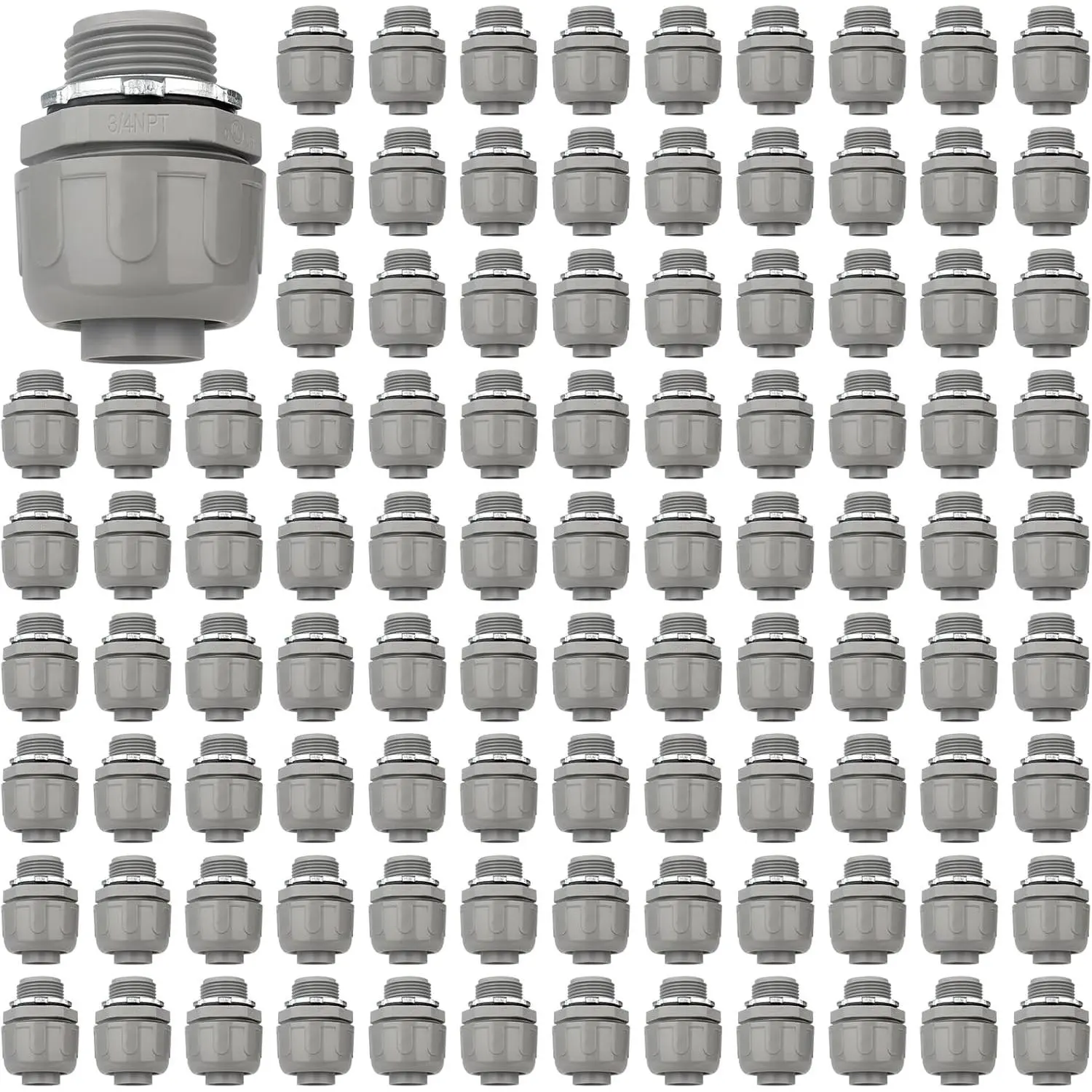 Conduit Connectors, 3/4 Inch Liquid Tight Connector NPT Non-Metallic for PVC Electrical Flexible Conduit Fittings, 180  Straight, UL Listed for Home Outdoor Tubes Tools, Grey (100-Pack)