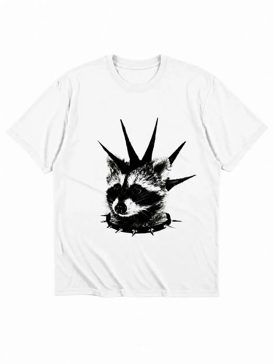 Women's Hobie "Spider-Punk" Brown Punk Raccoon Print Natural Smooth Casual Short-Sleeve Alternative T-Shirt for Daily Attitude Display, Shortsleeve Crewneck Cotton, Aesthetic, Tops, Fabric, Comfortable, Soft, Round Neck