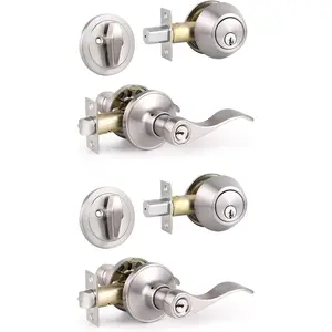 2 Sets of Front Exterior Door Knob Set with Single Cylinder Deadbolts in Satin Nickel Finish, All Keyed Same Combo Pack, Wave Style Entry Door Lever Locks with Combinations