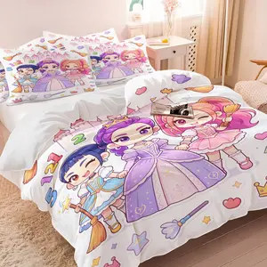K-pop Style Chibi Princess Duvet Cover Set, 1 Duvet Cover + 1/2 Pillowcases, No Core, Cute Fairytale Print with Castle & Magic Wand, Soft All-Season Bedding for Girls Bedroom & Dorm Decor