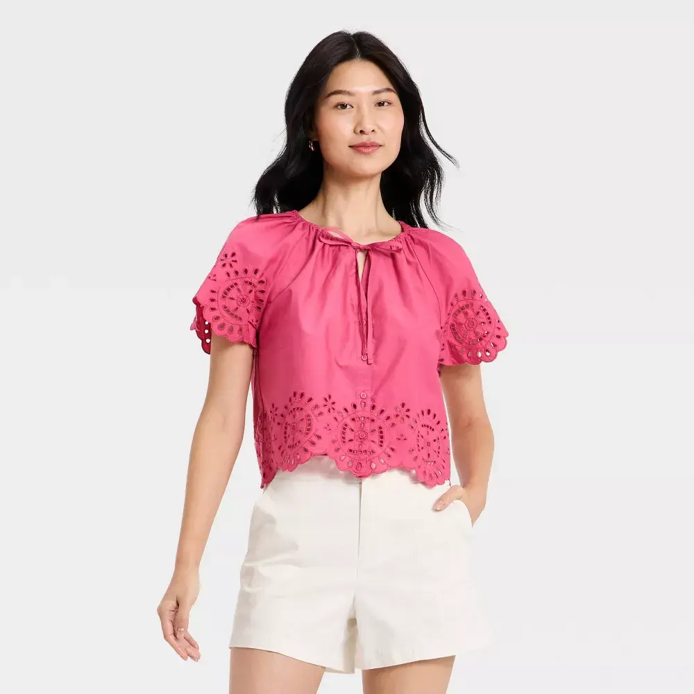 Women's Short Sleeve V-Neck Button-Front Eyelet Blouse - A