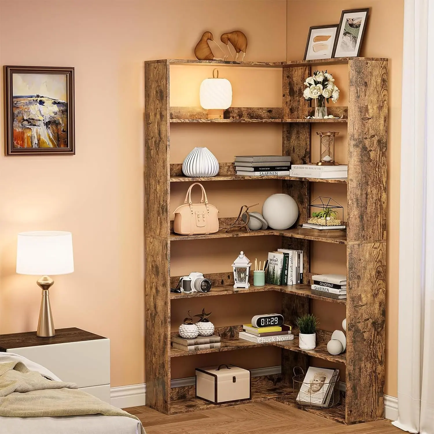 Gaomon 6-Tier Corner Bookshelf with Baffles - Space-Saving Secure Organizer, Commercial & Office Furniture Storage Solution