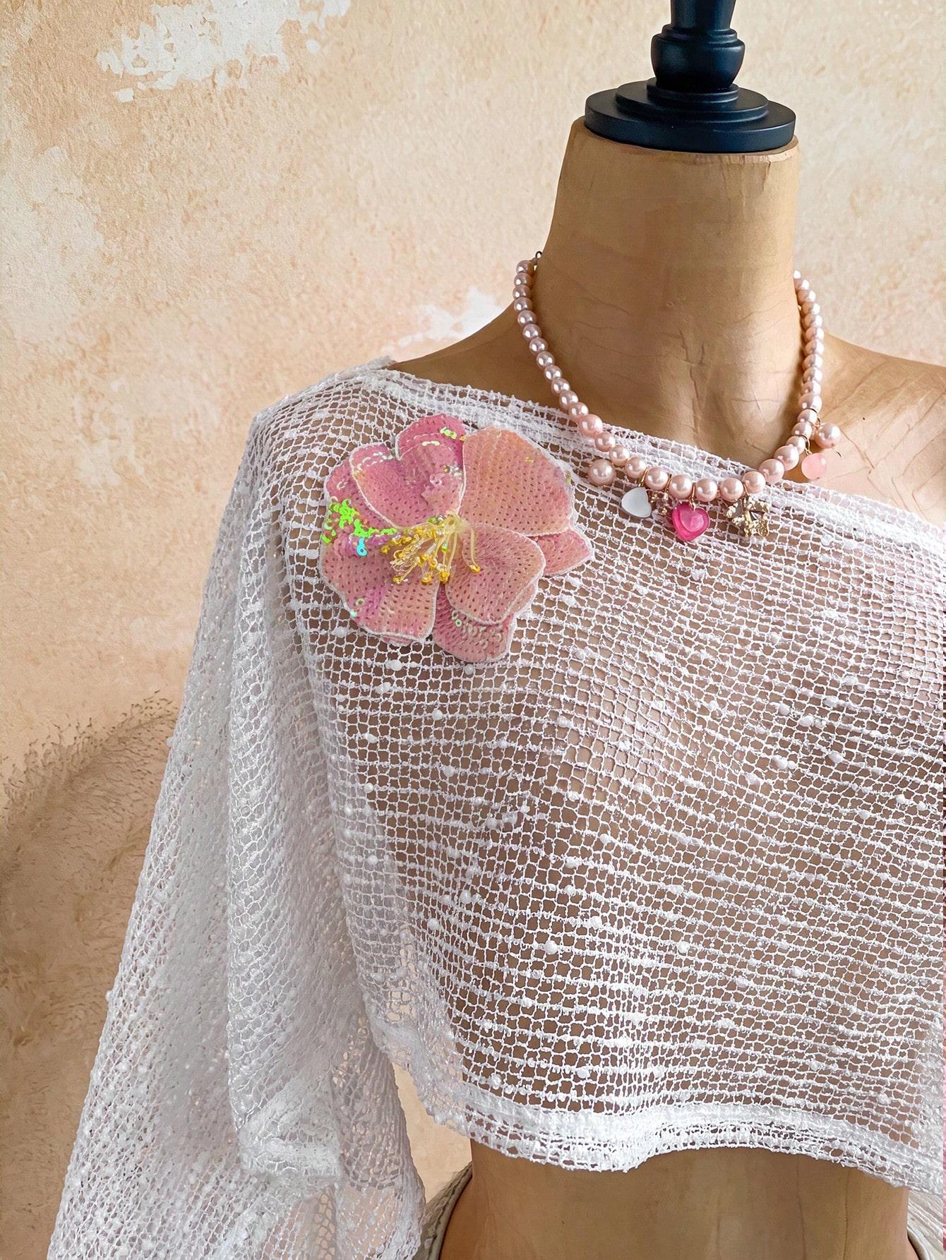 VYNCE Summer Beach Holiday Knit Top Light Pink 70s Party 3D Flower Knitted Crochet Off-Shoulder Hollow Music Festival Wear