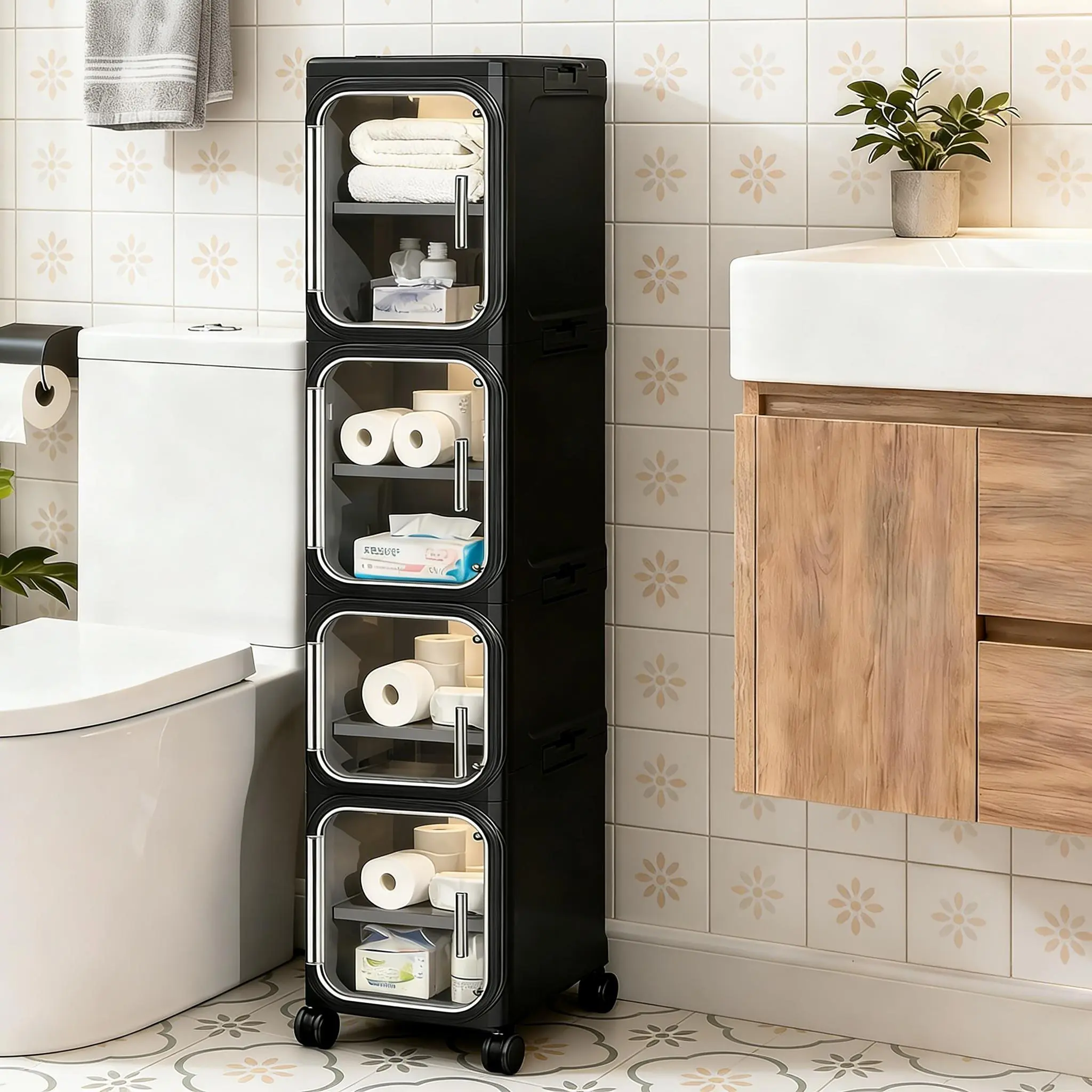 4-Tier Slim Space-Saving Indoor Rolling Cabinet with Adjustable Shelves, Cabinet and Storage for Household Small Area Organization, Home Storage Solution for Bathroom, Home Storage Cabinet