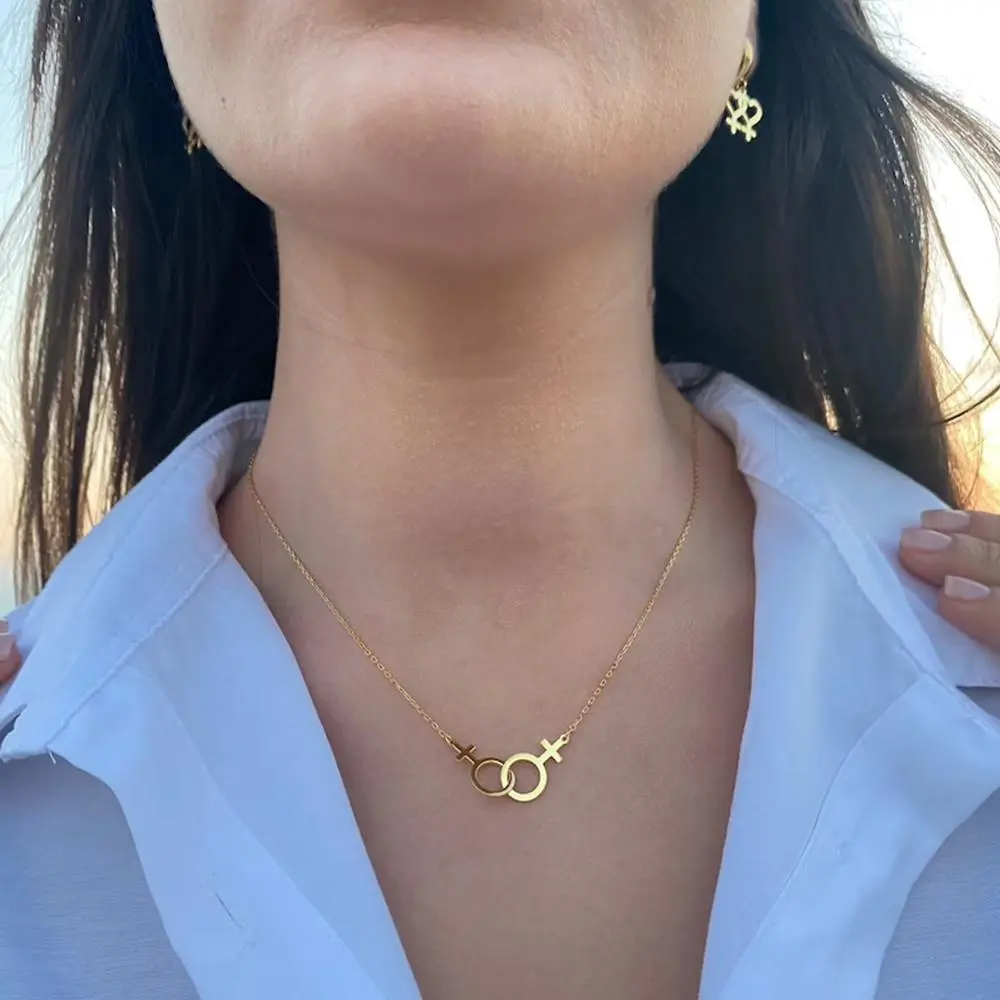 Double Venus Symbol Necklace, Casual Stainless Steel Chain & Link Pendant for Women, Lesbian LGBT Pride Sister Jewelry