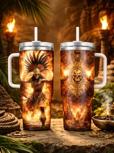 Aztec Warrior 40oz Insulated Tumbler – Unique Gift for History Enthusiasts – Perfect for Adventure Lovers – Vibrant Aztec Warrior & Golden Skull Design – Available for Sale