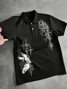 Men's Polo Shirt, Fitted, Sporty College Style, Angel Cross Print Design, Outdoor, Casual, Comfortable, All Seasons, Casual Polo Shirts