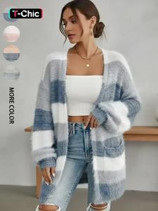 women's colorblock striped print long sleeve fuzzy cardigan, classy casual open front long cardigan for daily wear, ladies clothes for all seasons